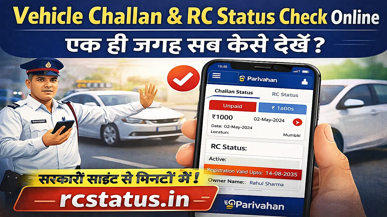 Vehicle challan check and RC status check online thumbnail showing challan and RC details on mobile screen